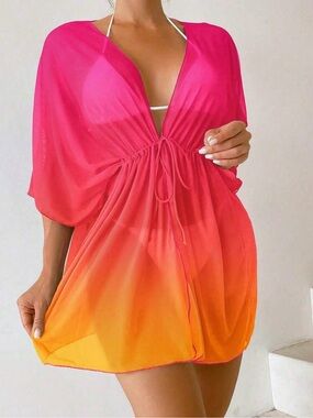Ombre Drawstring Swim Coverup in Pink and Orange